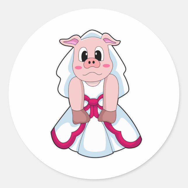 Pegatina Redonda Cerdo como novia con vestido Boda (Anverso)
