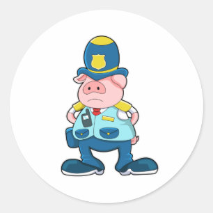 Pegatina Redonda Cerdo como oficial de policía con uniforme policia