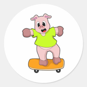 Pegatina Redonda Cerdo como patinador en Skateboard