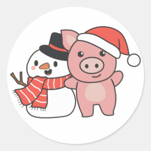 Pegatina Redonda Cerdo Con Snowman En Invierno Para Navidades Clási