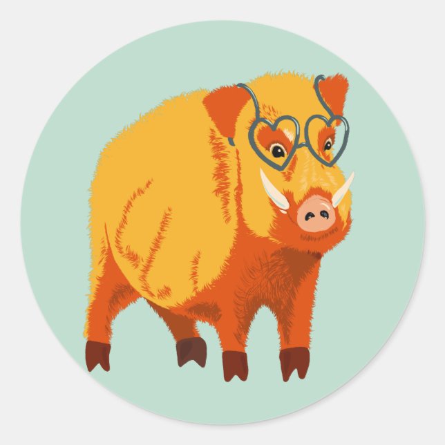 Pegatina Redonda Cerdo Cuto - Cachorro Geek Con Gafas (Anverso)