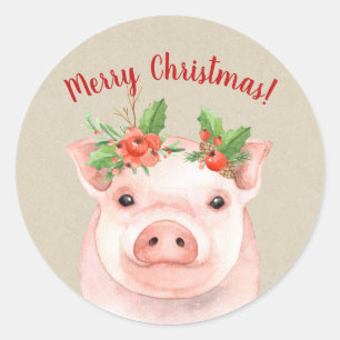 Pegatina Redonda Cerdo de Navidad Bonito Fiesta Campestre Rústica P