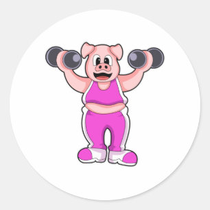 Pegatina Redonda Cerdo en Bodybuilding with Dumbbels