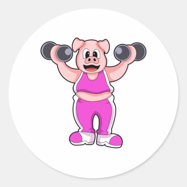 Pegatina Redonda Cerdo en Bodybuilding with Dumbbels (Anverso)