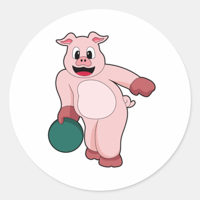 Pegatina Redonda Cerdo en Bowling con bolera (Anverso)