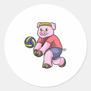 Pegatina Redonda Cerdo en deportes con voleibol