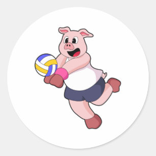 Pegatina Redonda Cerdo en deportes de voleibol