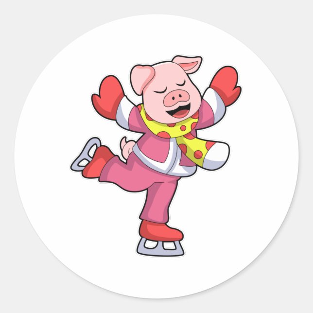 Pegatina Redonda Cerdo en patinaje sobre hielo con patines de hielo (Anverso)