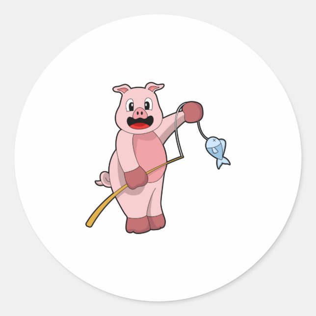 Pegatina Redonda Cerdo en pesca con caña y pescado (Anverso)