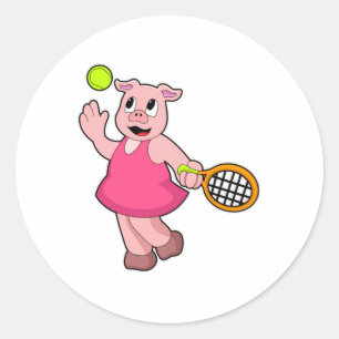 Pegatina Redonda Cerdo en tenis con raqueta de tenis