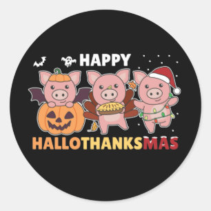Pegatina Redonda Cerdo feliz de Hallothanksmas