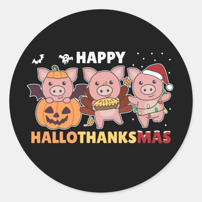 Pegatina Redonda Cerdo feliz de Hallothanksmas (Anverso)