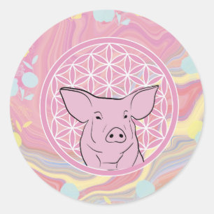Pegatina Redonda cerdo,flor de la vida, rosa, mandala,zen,chakra,
