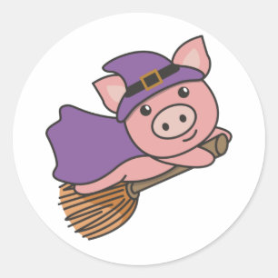 Pegatina Redonda Cerdo Halloween Brujas Niños Testigo Clásico R