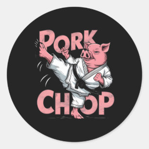 Pegatina Redonda Cerdo Karate Chuletón de Cerdo Chistoso Cerdo Jueg