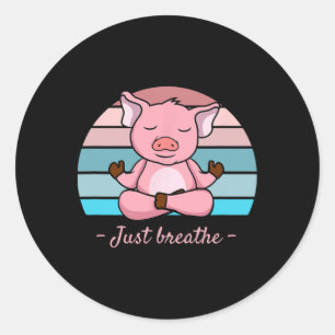 Pegatina Redonda Cerdo Meditando Lindo Yoga Rosa Retro Solo Respira