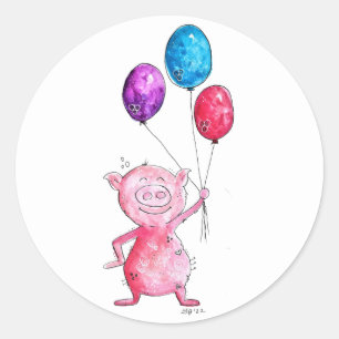 Pegatina Redonda Cerdo rosa caprichoso con globos