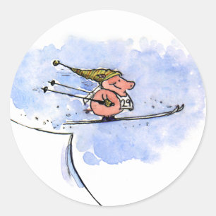 Pegatina Redonda Cerdo Volador - Cerdo Atleta de Salto de Esquí Gen