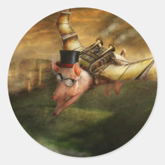 Pegatina Redonda Cerdo volador - Steampunk - El cerdo volador