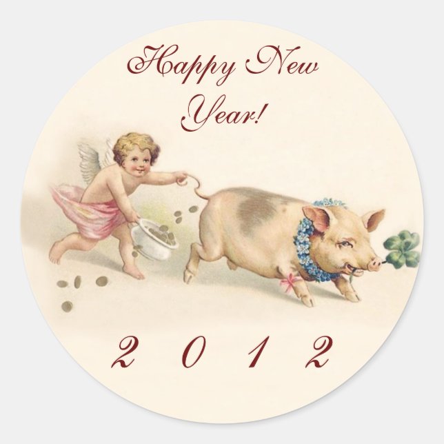 Pegatina Redonda Cerdo y ángel graciosos, feliz año nuevo 2012 (Anverso)