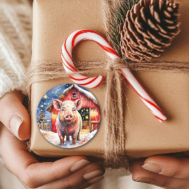 Pegatina Redonda Cerdo y granero de Navidades rusos