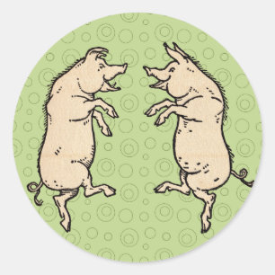 Pegatina Redonda Cerdos Antiguos Bailando: Travieso Jig de Cerdito