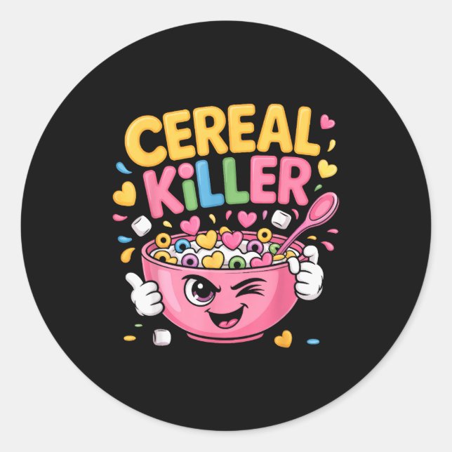 Pegatina Redonda Cereal Killer Cartoon Bowl Funny Breakfast  (Anverso)