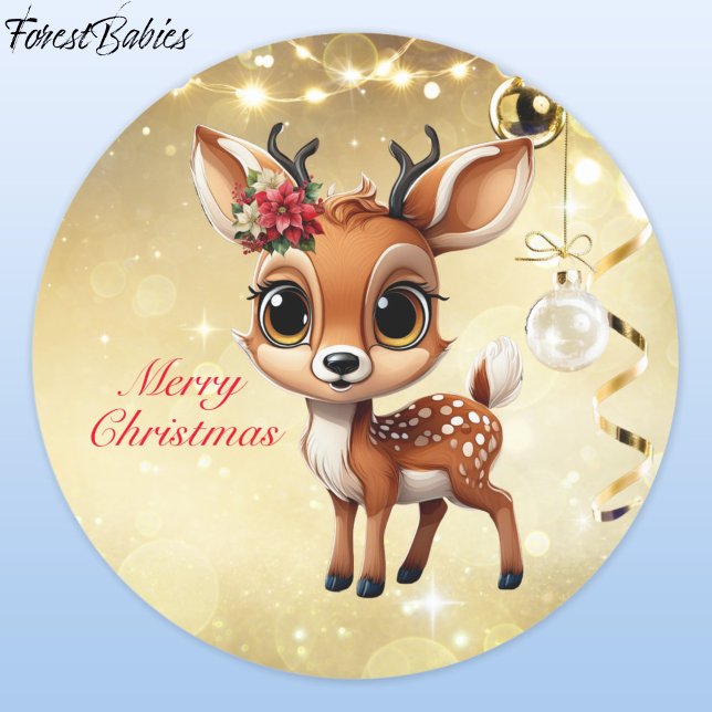 Pegatina Redonda Cerebro, Amanecer, Perro, 🦌 de renos 🎄 Feliz Nav (ForestBabies Floral Baby Deer, Fawn, Doe, Reindeer Antler Lover, Gold Festive Sticker 🦌🎄)