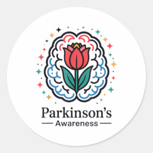 Pegatina Redonda Cerebro de conciencia del Parkinson y tulipán _1