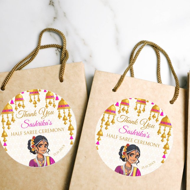 Pegatina Redonda Ceremonia de media sari lindo regalo de chica indi (Half saree ceremony favor gift thank you stickers cute Indian girl in a sari cerise and gold bells)