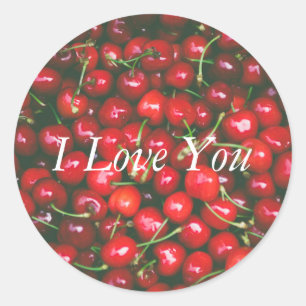 Pegatina Redonda Cereza Roja - Te amo (texto personalizable)
