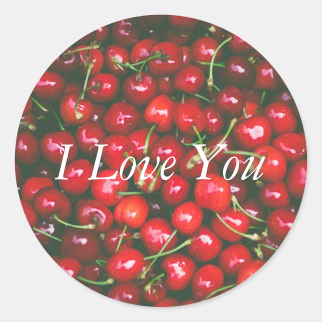 Pegatina Redonda Cereza Roja - Te amo (texto personalizable) (Anverso)