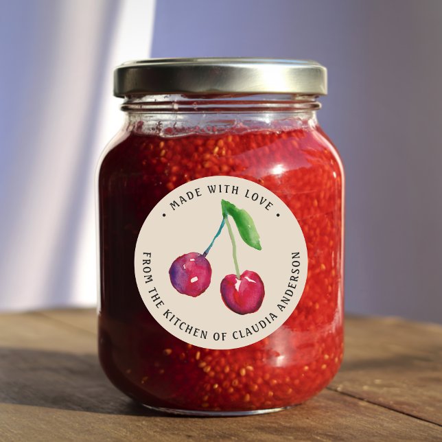 Pegatina Redonda Cereza Rústica Hecho Con Amor Regalo de Cocina Sti (This cherry jam label features two watercolor cherries -- my own original hand-painted artwork.)