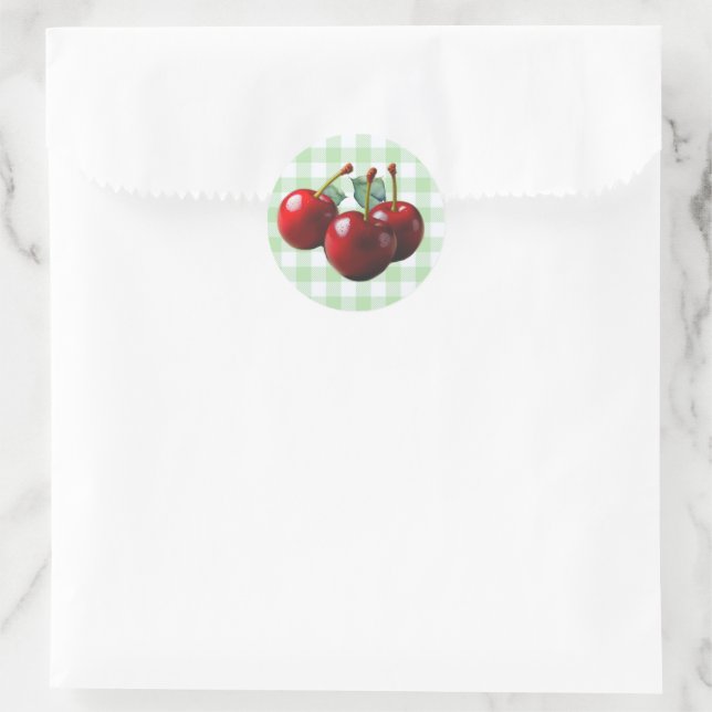 Pegatina Redonda Cerezas retro frescas recogidas gingham verde (Bolso)