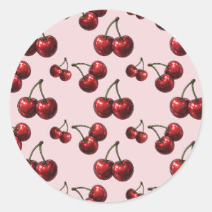 Pegatina Redonda Cerezas Rojas Brillantes Fiesta Glam Retro Rosa