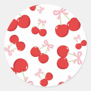 Pegatina Redonda Cerezas Rojas con Lazo Rosa Cumpleaños Coquette Fi