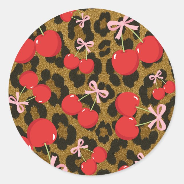Pegatina Redonda Cerezas Rojas con Lazo Rosa Estampado de Leopardo  (Anverso)