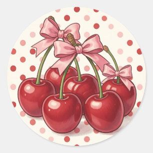 Pegatina Redonda Cerezas Rojas Dulces Lazos Rosados Lunares Retro
