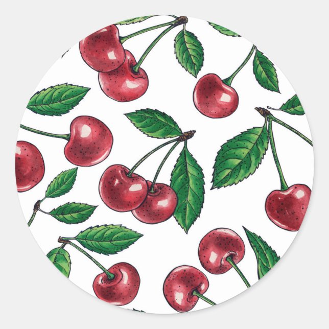 Pegatina Redonda Cerezas rojas en blanco (Anverso)