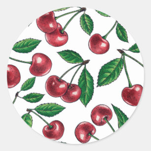 Pegatina Redonda Cerezas rojas en blanco