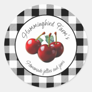 Pegatina Redonda Cerezas Vintage gingham negro blanco