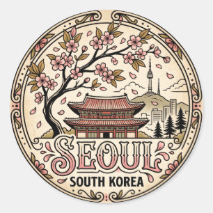 Pegatina Redonda Cerezo en flor de Seúl Corea del Sur