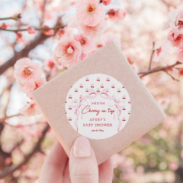 Pegatina Redonda Cerezo en la cima rosada bebé roja ducha