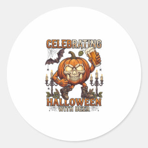 Pegatina Redonda Cerveza de Halloween Calavera Calabaza Murciélago
