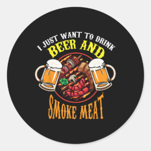 Pegatina Redonda Cerveza Fría Bebida Y Ahumar Carne Bbq Divertido C