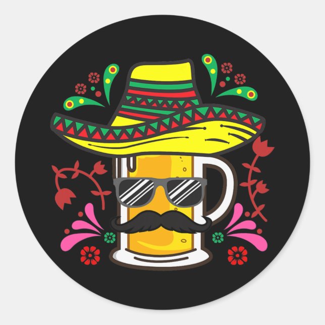 Pegatina Redonda Cerveza Mug Sombrero Mustache Cinco De Mayo Mexica (Anverso)