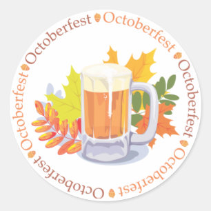 Pegatina Redonda Cerveza Oktoberfest y hojas de otoño