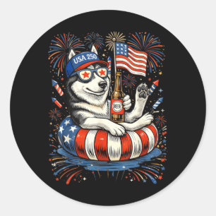 Pegatina Redonda Cerveza Retro Husky Usa 250 Aniversario 4 De Julio