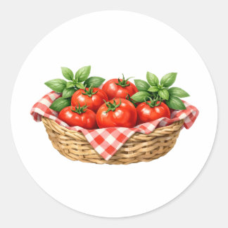 Pegatina Redonda Cesta de acuarela con tomates y albahaca