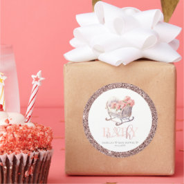 Pegatina Redonda Cesta de bebé Purpurina Baby Shower personalizada